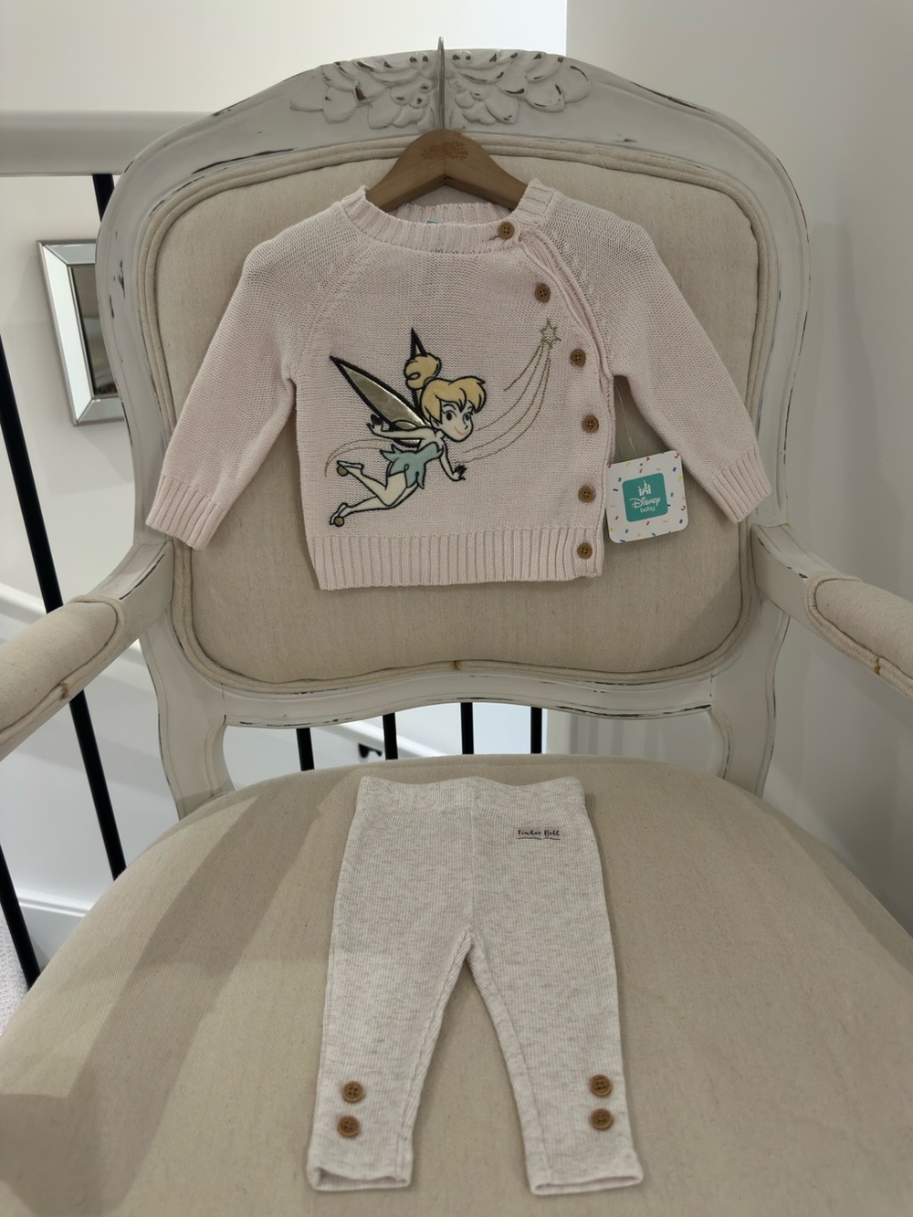 ๐ค 0~3 Mth Disney Tinker Bell Light Pink 100% Cotton Knit Sweater & Tights NWT